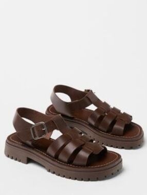 ZARA Solid Brown Leather Fisherman Sandals Lug Sole Buckle Strappy S32 Summer